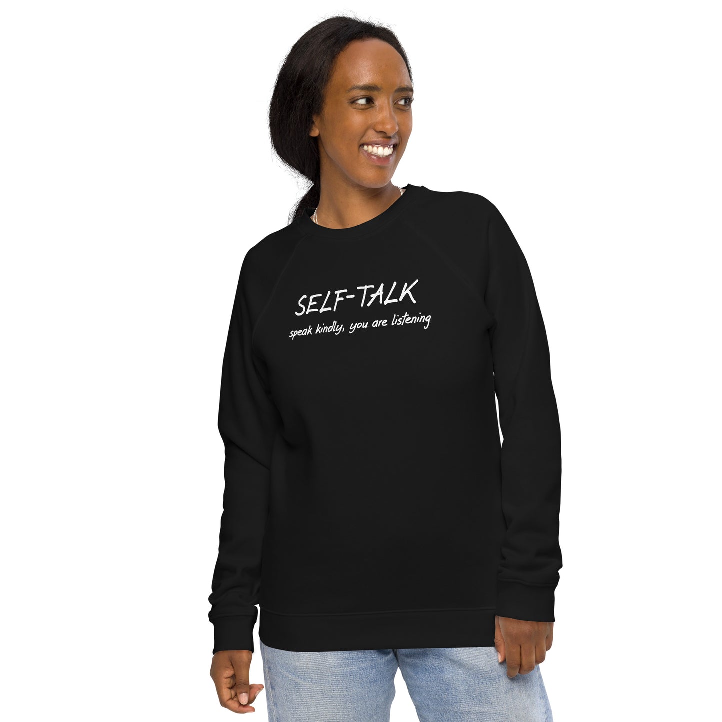 Self-talk unisex organic raglan sweatshirt