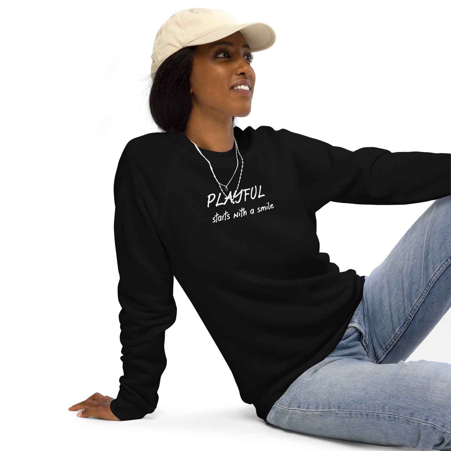 Playful unisex organic raglan sweatshirt