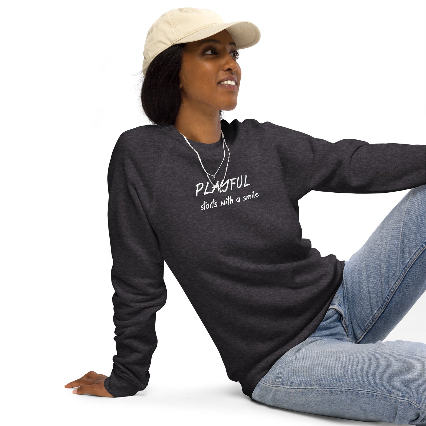 Playful unisex organic raglan sweatshirt